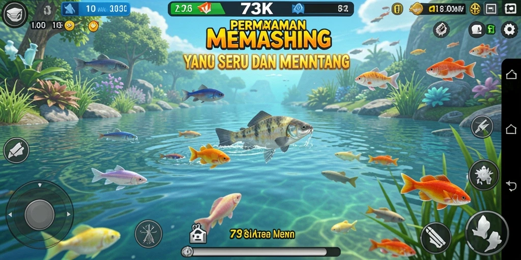 Screenshot gameplay dari 73K menunjukkan aksi memancing yang mendebarkan.