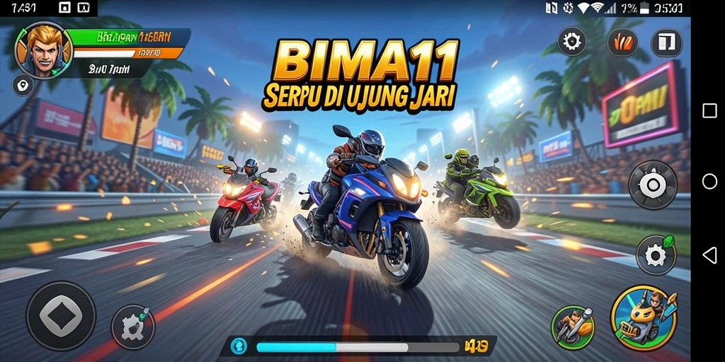 Tampilan gameplay BIMA11 dengan grafis balapan yang memukau.
