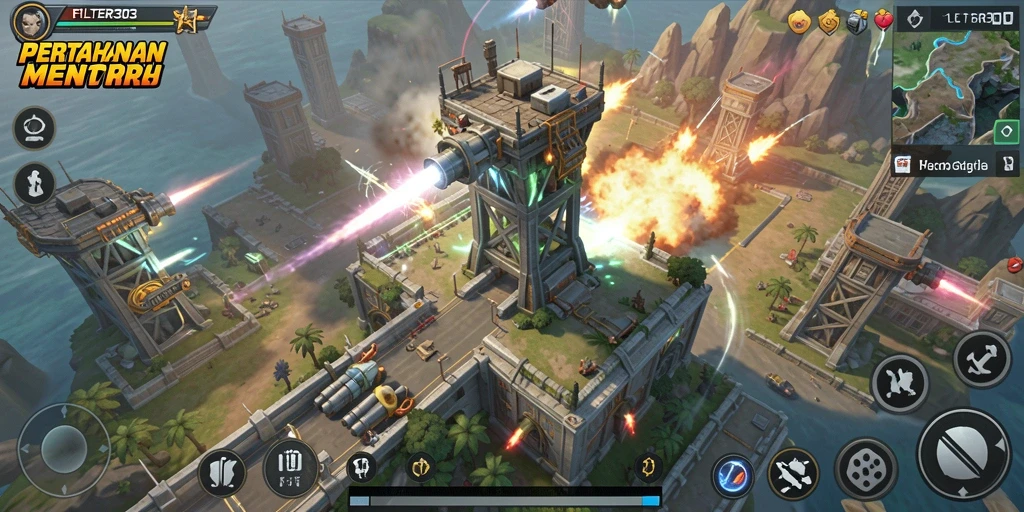 Screenshot menampilkan aksi seru dalam FILTER303, permainan Tower Defense yang menegangkan.