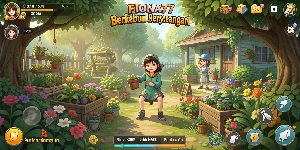 Screenshot gameplay <strong>FIONA77</strong> yang menunjukkan aktivitas berkebun.