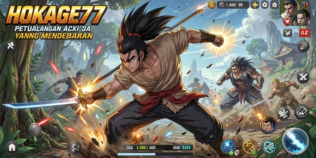 Tangkapan layar HOKAGE77 menampilkan pertempuran aksi yang mendebarkan.