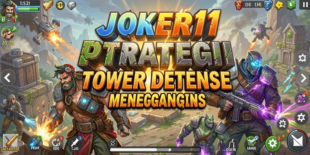 Screenshot gameplay JOKER11 yang menunjukkan pertahanan tower melawan gelombang musuh.