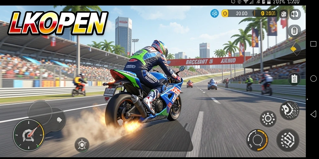 Screenshot gameplay LKOPEN menampilkan balapan motor yang seru dan mendebarkan.