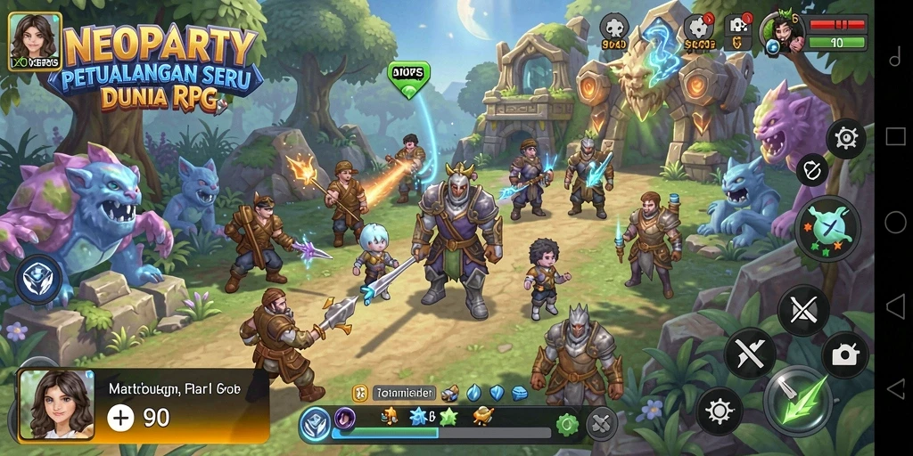Screenshot gameplay NEOPARTY menampilkan pertarungan seru dalam dunia RPG.