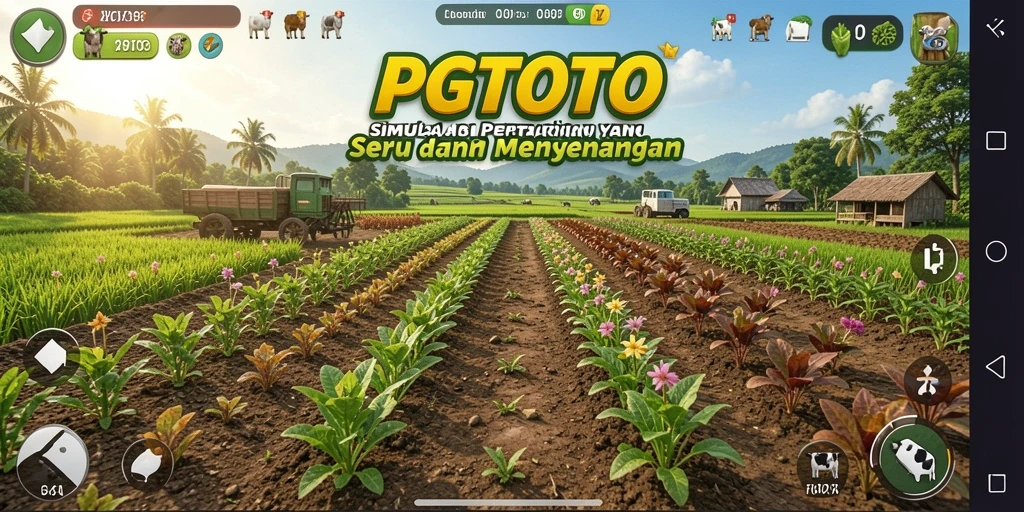 Tangkapan layar gameplay PGTOTO yang menunjukkan ladang yang subur dan hewan ternak.
