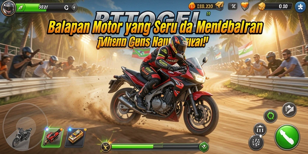 Screenshot utama PTTOGEL menampilkan gameplay balapan motor yang mendebarkan.