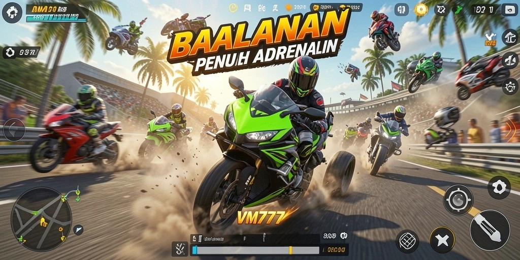 Screenshot dari gameplay VM777 menampilkan balapan motor yang mendebarkan.
