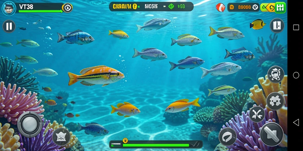 Tampilan gameplay VT38 yang menakjubkan dengan ikan berwarna-warni.